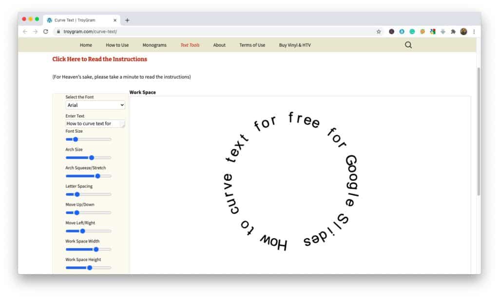 Image showing how to generate curve text for Google Slides using TroyGram