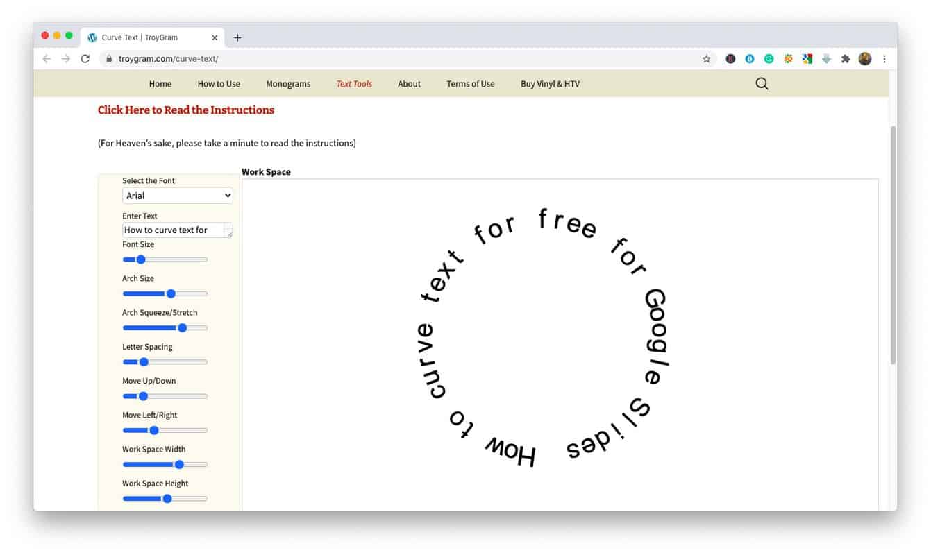 Image showing how to generate curve text for Google Slides using TroyGram