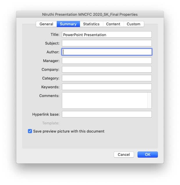Image describing how to change author name in PowerPoint on Mac