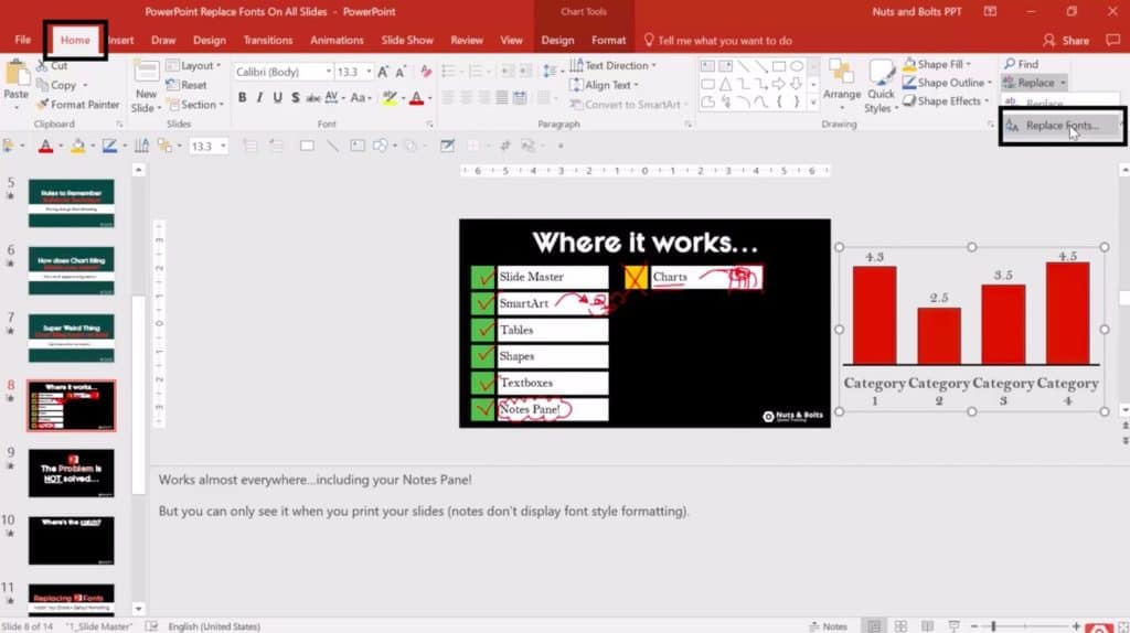 Image showcasing how to replace all fonts in PowerPoint