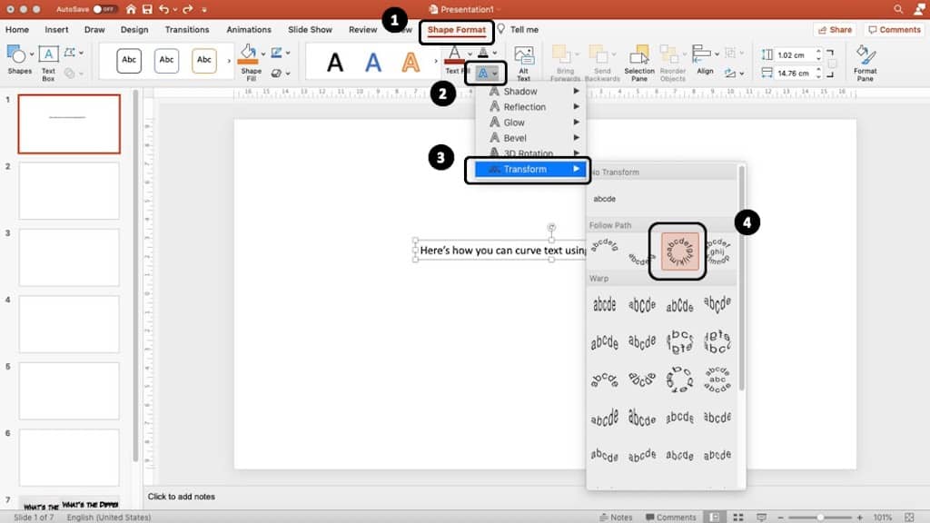 Image showing how to curve text in PowerPoint