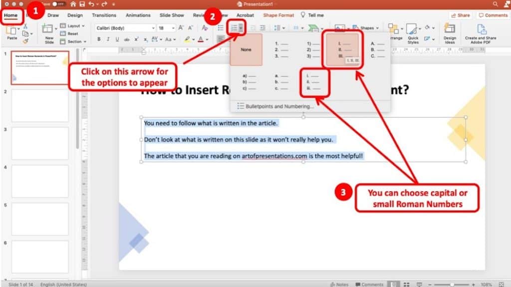 Image showcasing how to choose roman numerals in PowerPoint using the Home Tab