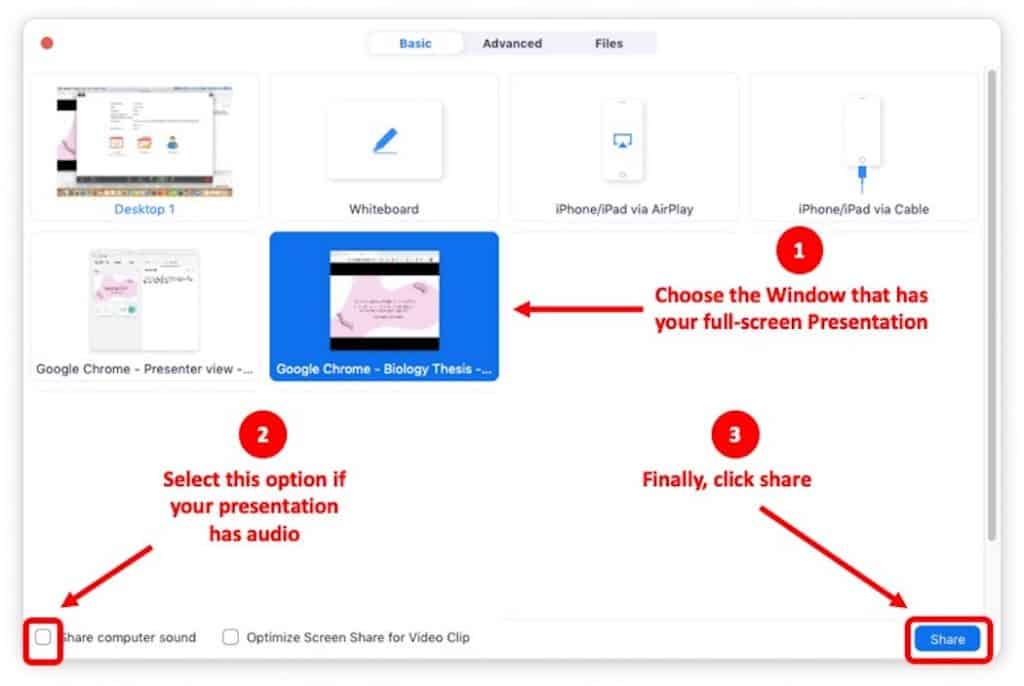 how to show presentation and speaker on zoom