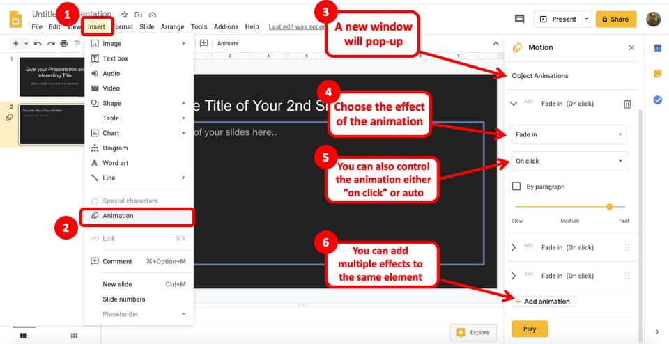 Image indicating steps to animate an object/element in Google Slides 