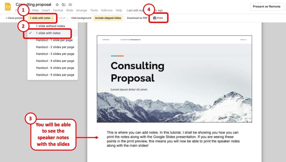how to print presentation with notes google slides
