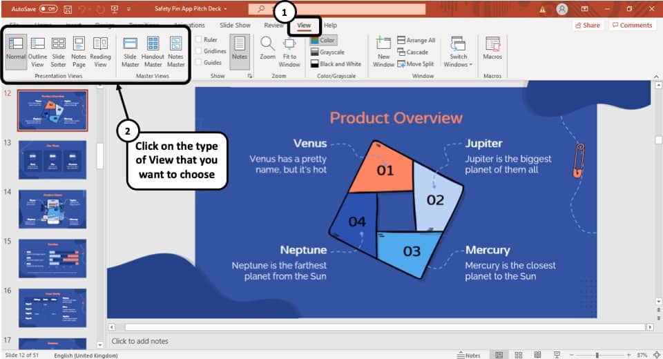 state four types of views available in presentation software