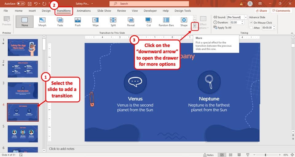 create a powerpoint presentation using transition