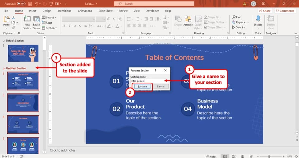 sections of a powerpoint presentation