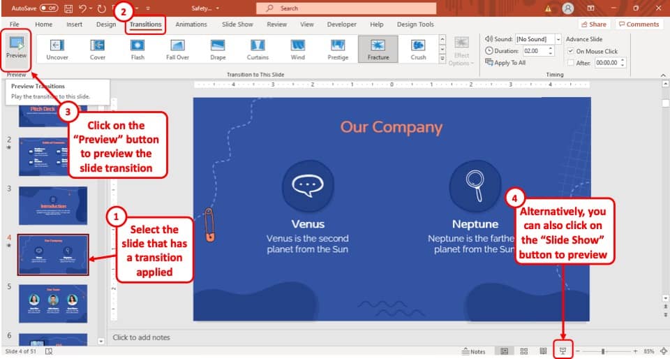 create a powerpoint presentation using transition