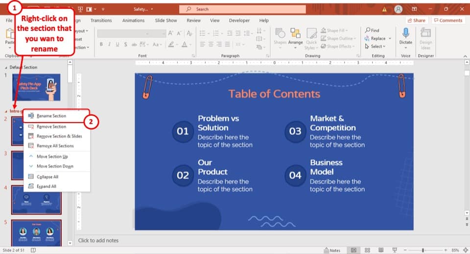 sections of a powerpoint presentation