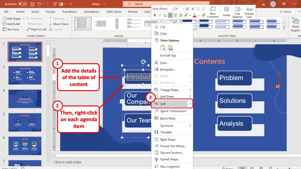 contents in powerpoint presentation