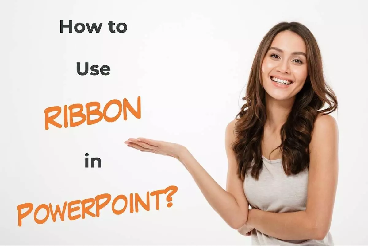 Smiling woman pointing at ribbon in PowerPoint