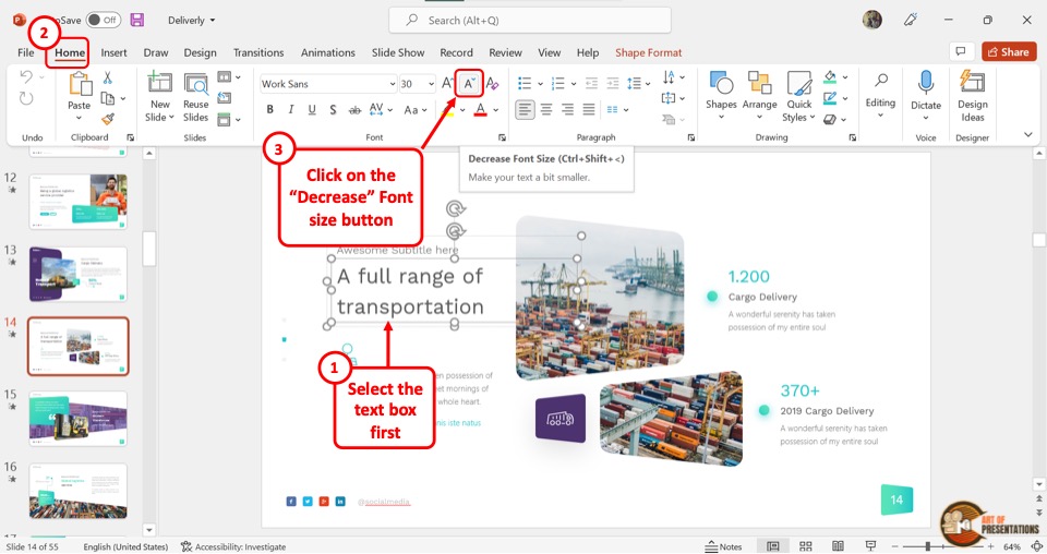 power point presentation font and size