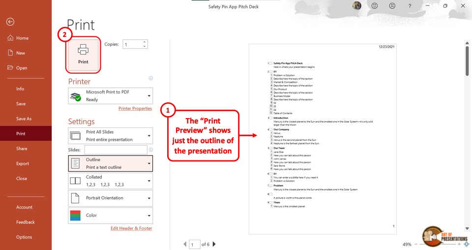 how do you print a powerpoint presentation with notes